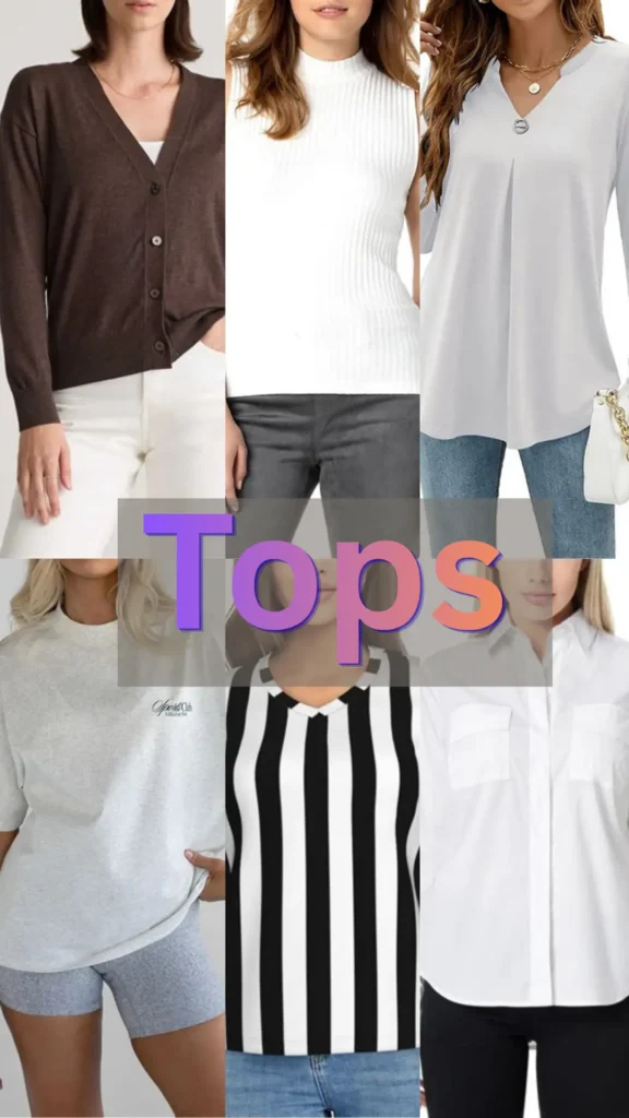The Pinterest pin "Tops (6) (1).webp" showcases a curated collage of versatile tops essential for a women's fashion Capsule Wardrobe. The image highlights six distinct styles, including cardigans, casual tees, and structured blouses, demonstrating how to build a functional foundation. These pieces are designed for effortless mixing and matching, offering stylish and practical solutions to simplify your daily outfit routine with an intentional, minimalist approach.