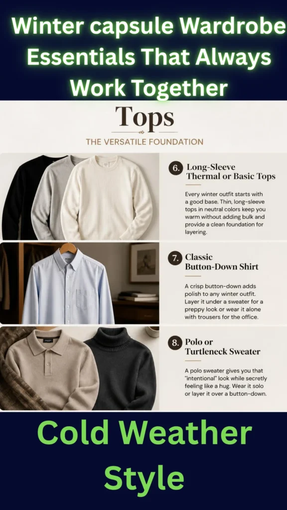 This Pinterest pin highlights "Tops" as the versatile foundation for a women's winter Capsule Wardrobe. Under the title "Winter capsule Wardrobe Essentials That Always Work Together," it lists three key pieces: long-sleeve thermal or basic tops for layering, a classic light blue button-down shirt to add polish, and a polo or turtleneck sweater for an intentional look. The guide focuses on cold weather style, showcasing how these neutral, essential staples easily mix and match.

