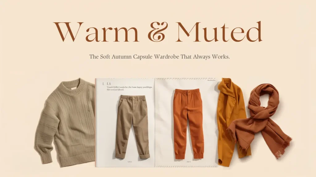 A Pinterest pin header titled "Warm & Muted" with the subtitle "The Soft Autumn Capsule Wardrobe That Always Works." Set on a warm cream background, this flat-lay graphic showcases earthy women's fashion essentials for a Soft Autumn palette. Items include a cozy beige ribbed knit sweater, neutral khaki trousers, burnt orange pants, a mustard yellow jacket, and a terracotta fringed scarf. Perfect visual guide for creating a stylish, minimalist, and cohesive autumn outfit collection.