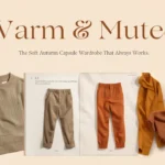 A Pinterest pin header titled "Warm & Muted" with the subtitle "The Soft Autumn Capsule Wardrobe That Always Works." Set on a warm cream background, this flat-lay graphic showcases earthy women's fashion essentials for a Soft Autumn palette. Items include a cozy beige ribbed knit sweater, neutral khaki trousers, burnt orange pants, a mustard yellow jacket, and a terracotta fringed scarf. Perfect visual guide for creating a stylish, minimalist, and cohesive autumn outfit collection.