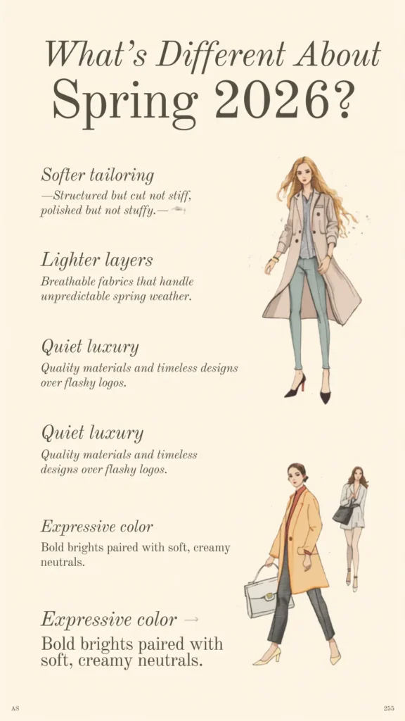 A Pinterest pin graphic titled "What's Different About Spring 2026?" outlining women's fashion trends for a seasonal Capsule Wardrobe. The beige infographic details key style pillars: softer tailoring, lighter layers, quiet luxury, and expressive color. Accompanying the text are chic fashion illustrations of women modeling timeless spring outfits, including a long beige trench coat over blue jeans, a warm yellow coat with tailored trousers, and elegant, minimalist neutral layers.