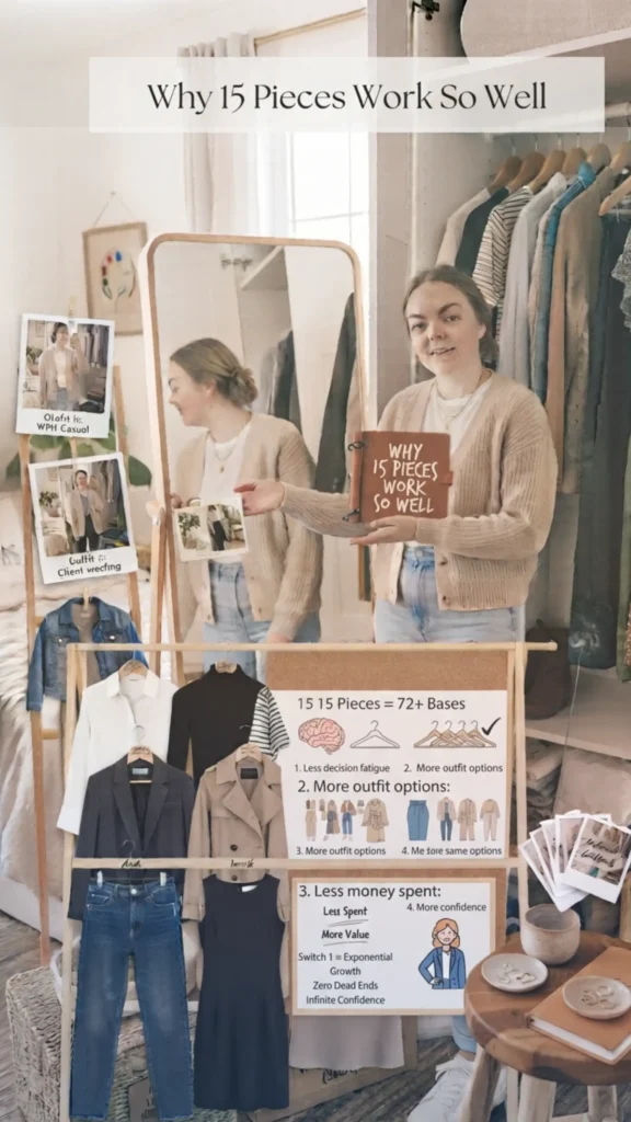 This Pinterest pin, titled "Why 15 Pieces Work So Well.webp", illustrates the benefits of curating a Capsule Wardrobe for women's fashion. By limiting your closet to just 15 essential items, you can create over 72 outfit bases, leading to less decision fatigue, increased clothing versatility, and reduced spending. This strategic approach to fashion helps you gain more value from your clothes, building a functional, minimalist, and confident style that eliminates the "nothing to wear" dilemma.
