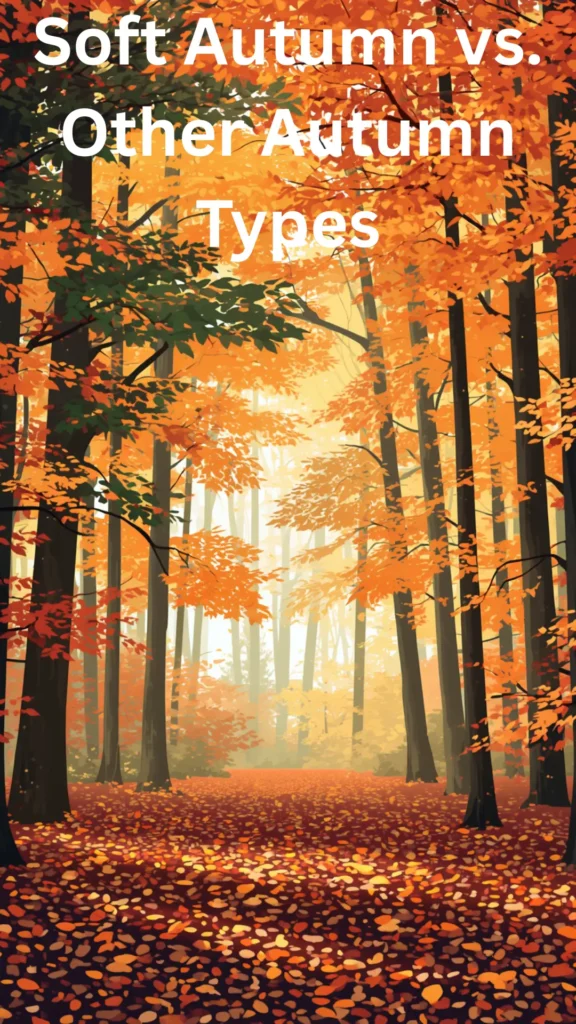 A Pinterest pin header titled "Soft Autumn vs. Other Autumn Types" providing seasonal color analysis guidance for a women's fashion Capsule Wardrobe. Set against a beautiful autumn forest background filled with warm golden, orange, and red fallen leaves under glowing sunlight through tall trees. An ideal visual comparison guide for understanding autumn color palettes and curating a cohesive, minimalist seasonal outfit collection.