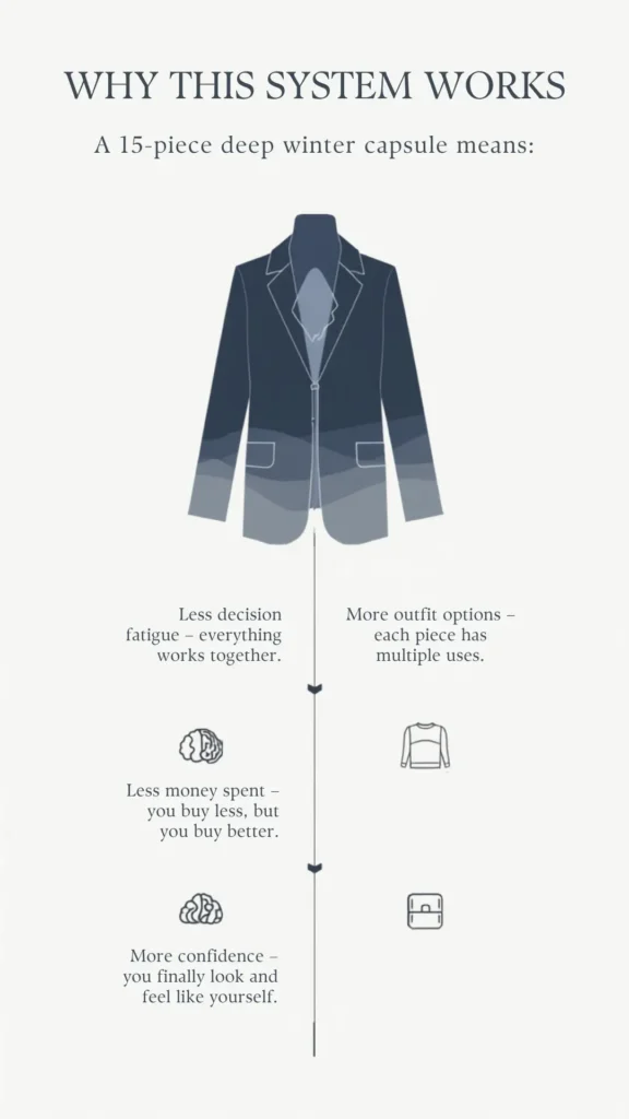 A Pinterest pin infographic titled "WHY THIS SYSTEM WORKS" explaining the benefits of a 15-piece deep winter Capsule Wardrobe for women's fashion. Set on a light background, it displays a central illustration of a dark navy blazer alongside bullet points highlighting less decision fatigue, more outfit options, spending less money on higher quality pieces, and boosted personal confidence. Accompanied by clean line-art icons, it serves as an inspiring guide for minimalist wardrobe planning.