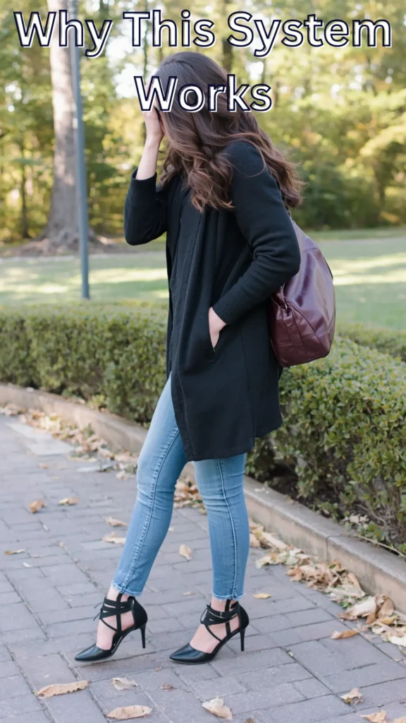 A Pinterest pin titled "Why This System Works" demonstrating a practical outfit formula for a women's fashion Capsule Wardrobe. Set outdoors on a paved park pathway, a woman styles everyday essentials: a long open black knit cardigan worn over light-wash skinny jeans. She elevates the casual look with sharp black strappy caged high-heeled pumps and a deep burgundy shoulder bag. An ideal visual guide for chic, versatile everyday layering and effortless minimalist street style.