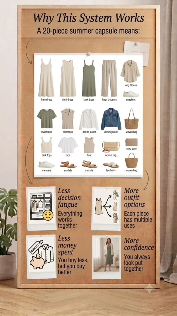 The Pinterest pin "Why This System Works.webp" illustrates the benefits of a 20-piece summer Capsule Wardrobe in women's fashion. It showcases a curated collection of clothing and accessories, explaining how this intentional system reduces decision fatigue, increases outfit options, saves money by prioritizing quality over quantity, and boosts confidence by ensuring you always look put together. It is a guide to minimalist dressing.