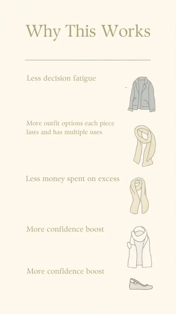 A minimalist cream Pinterest pin titled "Why This Works," highlighting the benefits of a women's fashion Capsule Wardrobe. The clean layout lists advantages like less decision fatigue, more outfit options with versatile pieces, less money spent on excess, and a confidence boost. On the right, simple, elegant hand-drawn illustrations showcase classic staples: a grey blazer, draped neutral scarves, a layered top, and chic ballet flats, offering inspiration for a mindful, simplified style.