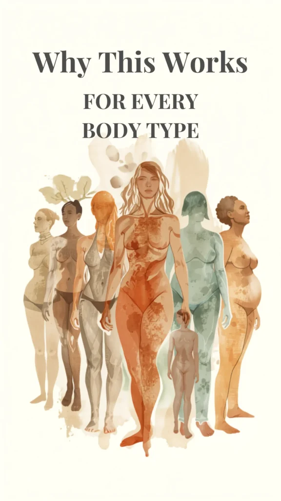 A Pinterest pin titled "Why This Works FOR EVERY BODY TYPE" promoting inclusive women's fashion. The image features a beautiful watercolor illustration of a diverse group of women standing together, showcasing a variety of body shapes, sizes, heights, and silhouettes. Painted in soft, earthy tones like terracotta, beige, and muted teal, this graphic emphasizes body positivity, highlighting how a thoughtful Capsule Wardrobe can complement and flatter every unique figure.