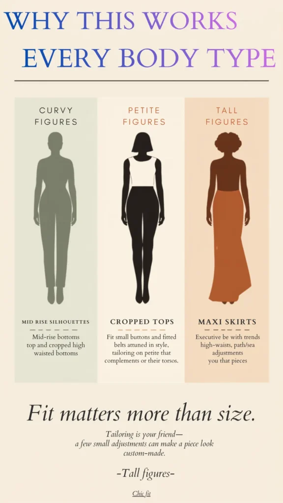 A Pinterest pin titled "Why This Works for Every Body Type" demonstrates how to adapt a women's fashion Capsule Wardrobe for different body types. It suggests mid-rise silhouettes for curvy figures, cropped tops for petite figures, and maxi skirts for tall figures. The design emphasizes that "fit matters more than size" and suggests tailoring to make pieces look custom-made.