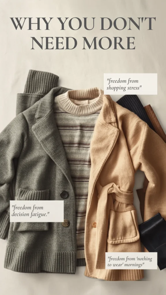 A Pinterest pin titled "Why You Don't Need More" showcasing a flat lay of intentional women's fashion pieces. The image highlights the benefits of a minimalist Capsule Wardrobe, featuring text boxes like "freedom from decision fatigue," "freedom from shopping stress," and "freedom from 'nothing to wear' mornings." The clothing layout features a grey textured blazer, a striped knit mock-neck sweater, a belted camel coat, and black accessories, emphasizing a versatile, timeless cold-weather style.