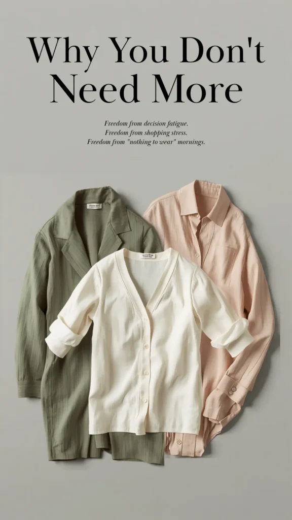 A Pinterest pin graphic titled "Why You Don't Need More" showcasing a minimalist Capsule Wardrobe for women's fashion. The grey background features three aesthetic, lightweight tops: a sage green button-down, a pastel pink collared shirt, and an off-white v-neck button-up cardigan in the center. The text highlights benefits like freedom from decision fatigue, shopping stress, and "nothing to wear" mornings. Perfect inspiration for curating versatile, high-quality clothing essentials.