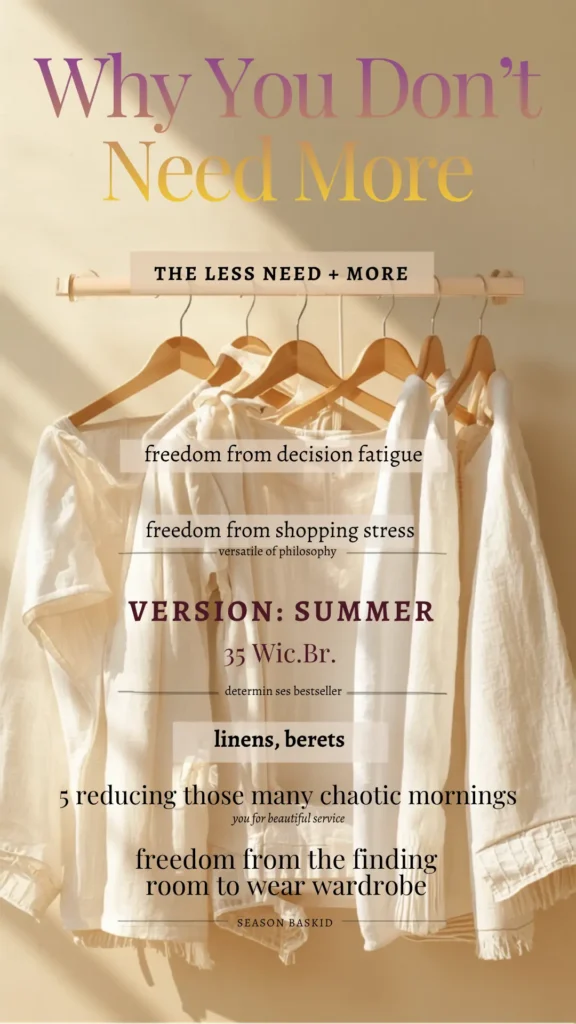 This Pinterest pin, titled "Why You Don't Need More," highlights the benefits of a minimalist summer Capsule Wardrobe. The image features a rack of neutral linen clothing, emphasizing freedom from decision fatigue and shopping stress. It encourages a simplified approach to women's fashion to help reduce chaotic mornings, demonstrating how curating a versatile, intentional wardrobe allows for a more functional and less cluttered lifestyle.