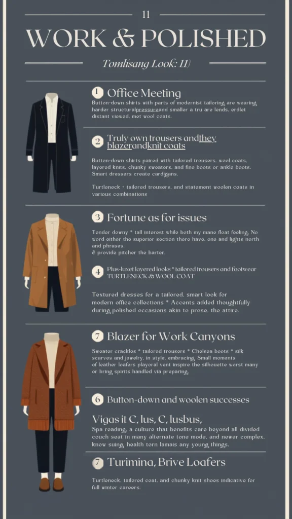 This Pinterest pin, titled "Work & Polished," serves as an infographic guide for styling a professional women's fashion Capsule Wardrobe. Set against a dark slate background, it showcases three illustrated outfit formulas for the office. The looks feature chic layering essentials, including a long black coat over a white button-down shirt, a classic camel wool coat paired with a cream turtleneck and tailored trousers, and a rich brown coat styled with loafers for a sophisticated winter career look.