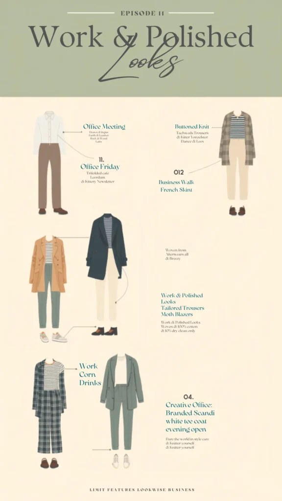 A Pinterest pin titled "Work & Polished Looks" showcasing versatile, chic office outfits for a women's fashion Capsule Wardrobe. The elegant, sage green and cream infographic features minimalist fashion illustrations of professional attire. Outfits include tailored blazers, a classic camel coat, a plaid trench, a sage green pantsuit, striped tops, and smart trousers paired with loafers and white sneakers, providing inspiration for a polished, mix-and-match work wardrobe.
