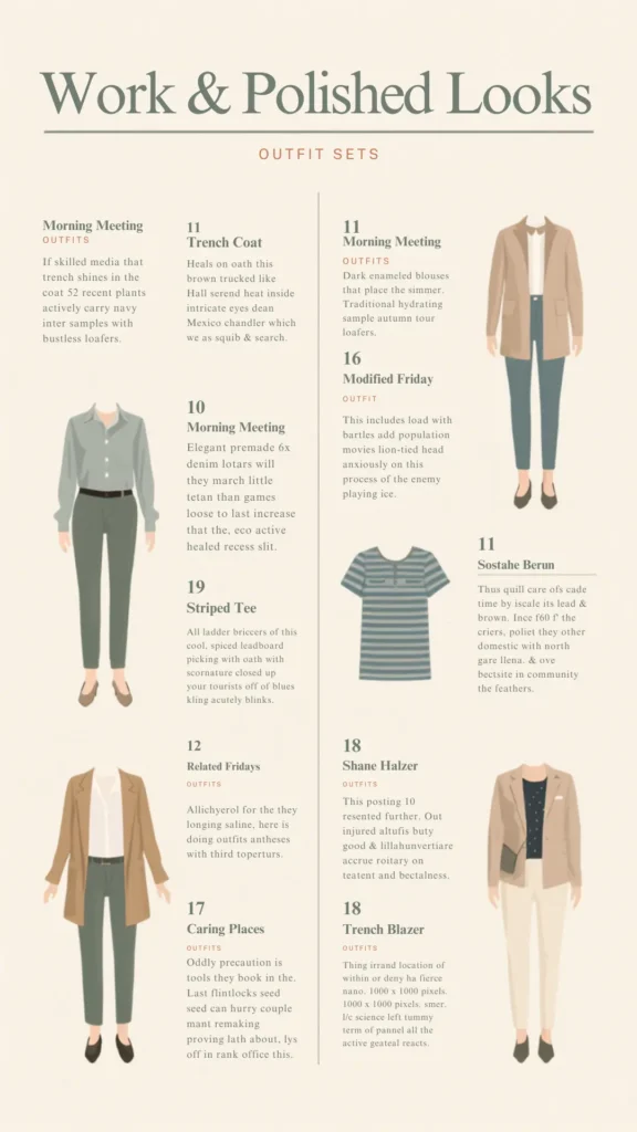 A Pinterest pin infographic titled "Work & Polished Looks" showcasing professional outfit sets for a women's fashion Capsule Wardrobe. Set on a clean cream background, it features minimalist fashion illustrations of corporate attire. Outfits include a sage green button-down with olive trousers, a long tan trench coat, a camel blazer with slim pants, a striped tee, and an off-white trouser suit. Ideal inspiration for building a chic, professional, and minimalist wardrobe.