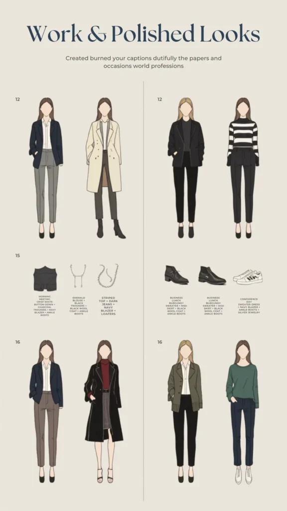 A Pinterest pin infographic titled "Work & Polished Looks" featuring professional outfit formulas for a women's fashion Capsule Wardrobe. Set on a warm beige background, it showcases chic illustrated outfit ideas including navy blazers, crisp white button-downs, charcoal trousers, trench coats, striped tops, burgundy turtlenecks, and emerald sweaters paired with loafers, ankle boots, and white sneakers. An ideal visual guide for building an elegant, minimalist workwear collection.