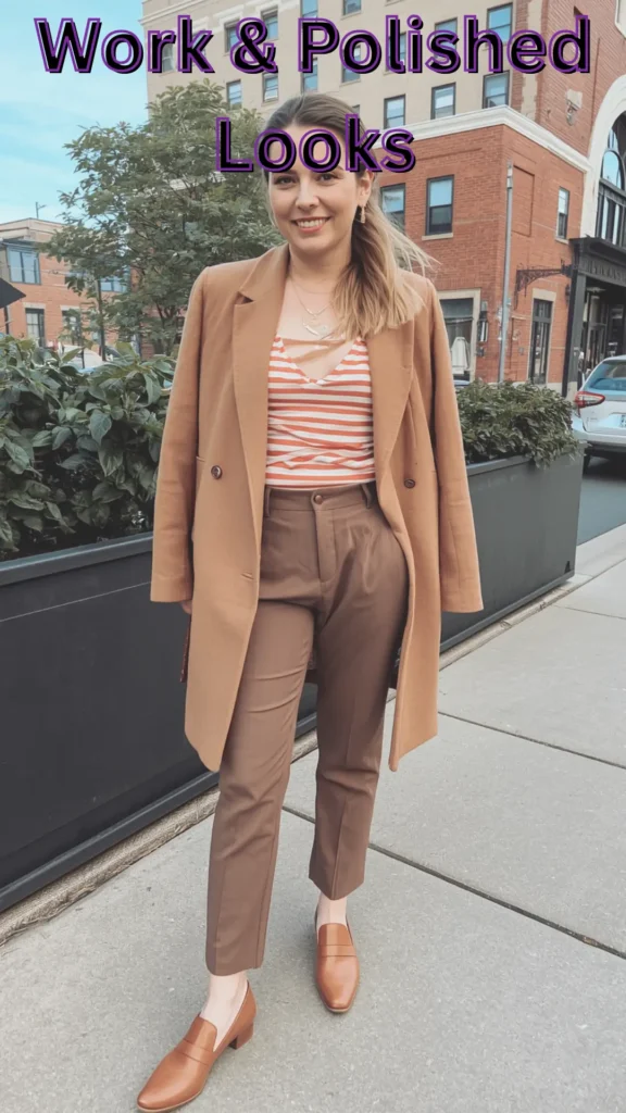 A Pinterest pin titled "Work & Polished Looks" featuring a stylish outfit idea for a women's fashion Capsule Wardrobe. Posed outdoors on a city sidewalk, a smiling woman wears a classic camel coat draped over her shoulders, an orange and white striped top, and tailored high-waisted brown trousers. She completes the outfit with cognac brown leather loafers and fine gold jewelry. An ideal visual guide for smart casual workwear, office style, and polished minimalist fashion.
