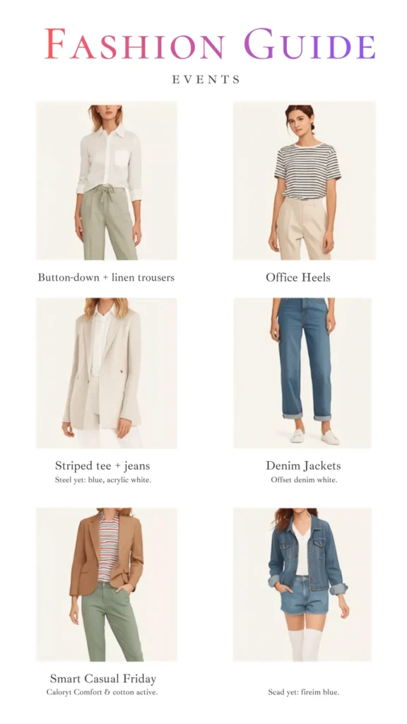 This Pinterest pin, titled "FASHION GUIDE EVENTS," provides professional styling inspiration for a women's fashion Capsule Wardrobe. It showcases polished outfit combinations suitable for work or events, including button-down shirts with linen trousers, smart blazers paired with striped tees and jeans, and denim jackets for smart-casual Fridays. This guide helps simplify your professional dressing by demonstrating how to mix versatile staples to create refined, intentional looks that transition seamlessly.