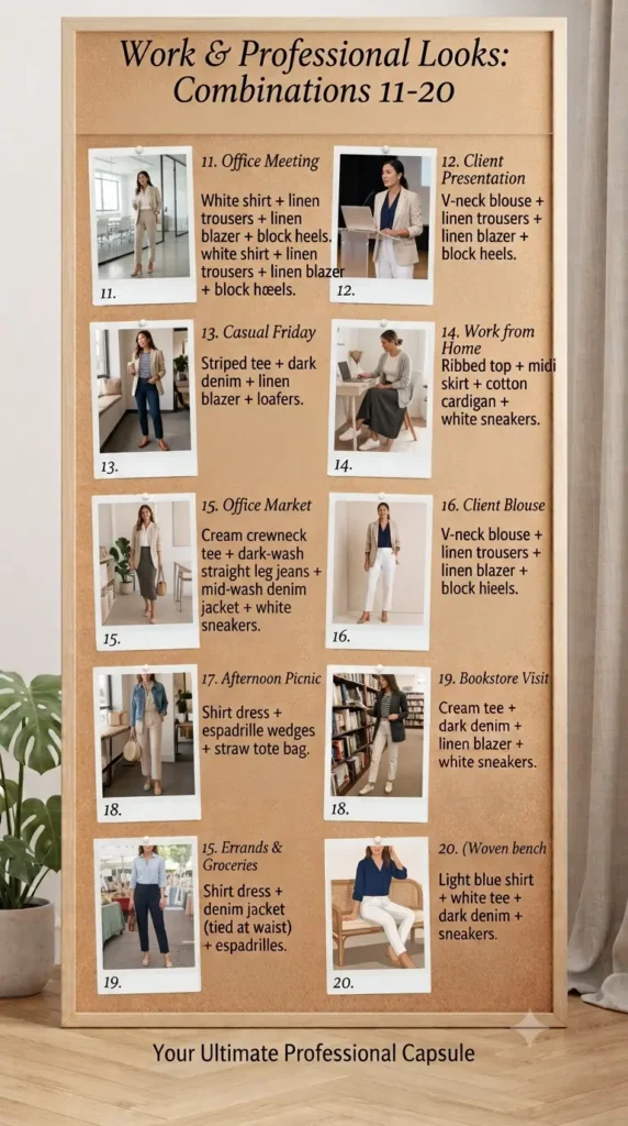 The Pinterest pin "Work & Professional Looks.webp" displays a bulletin board featuring outfit combinations 11 through 20, perfect for a professional Capsule Wardrobe in women's fashion. It showcases how to style versatile pieces like linen blazers, trousers, and blouses for various work settings, including office meetings and client presentations. This guide provides intentional, mix-and-match inspiration for a polished look.