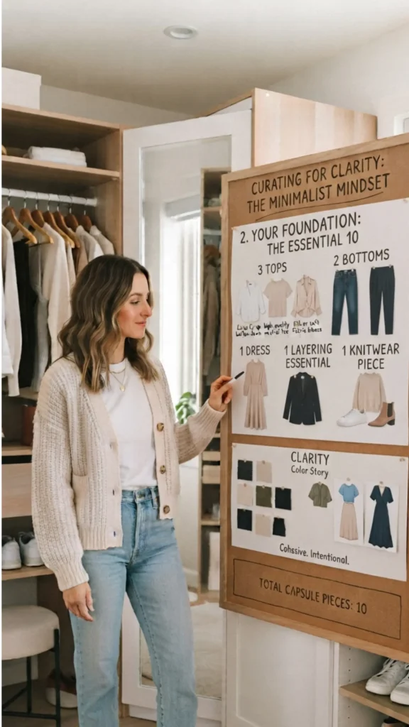 This Pinterest pin, titled "Your Foundation The Essential 10.webp", features a woman illustrating how to build a minimalist Capsule Wardrobe for women's fashion by focusing on a foundational set of 10 essential pieces. The display breaks down these items into specific categories, including tops, bottoms, a dress, a layering piece, and knitwear, all curated to create a cohesive and intentional color story. It serves as a practical guide for simplifying your closet while maintaining a stylish, versatile wardrobe.