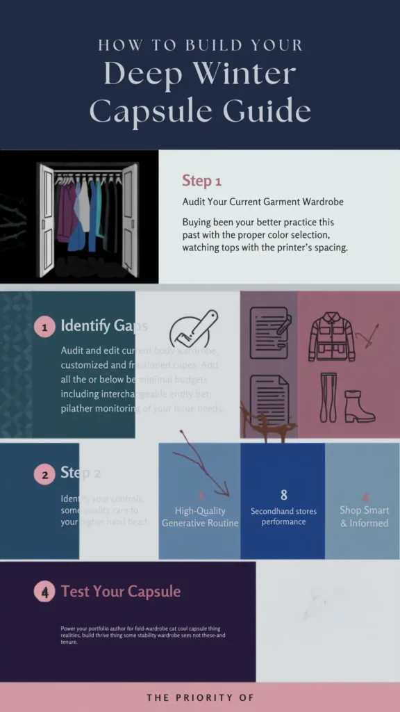 A Pinterest pin infographic titled "HOW TO BUILD YOUR Deep Winter Capsule Guide" offering a step-by-step roadmap for a women's fashion Capsule Wardrobe. Set on a dark blue and block-colored background, it outlines key steps like auditing your closet, identifying wardrobe gaps, shopping secondhand, prioritizing high-quality staples, and testing outfit combinations. Features simple line art of an open wardrobe, clothing items, and checklists. Ideal guide for minimalist seasonal styling.