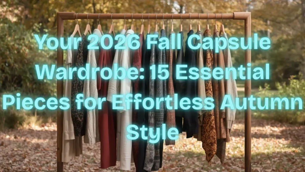 A Pinterest pin graphic with cyan text reading "Your 2026 Fall Capsule Wardrobe: 15 Essential Pieces for Effortless Autumn Style". Set outdoors among fall foliage, a wooden garment rack holds a curated line of autumn clothing on wooden hangers. Displays warm knit sweaters, cardigans, tailored coats, and patterned scarves in neutral shades of cream, deep red, navy, and brown. An ideal visual guide for building a versatile women's fashion Capsule Wardrobe and styling cozy fall outfits.