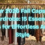 A Pinterest pin graphic with cyan text reading "Your 2026 Fall Capsule Wardrobe: 15 Essential Pieces for Effortless Autumn Style". Set outdoors among fall foliage, a wooden garment rack holds a curated line of autumn clothing on wooden hangers. Displays warm knit sweaters, cardigans, tailored coats, and patterned scarves in neutral shades of cream, deep red, navy, and brown. An ideal visual guide for building a versatile women's fashion Capsule Wardrobe and styling cozy fall outfits.