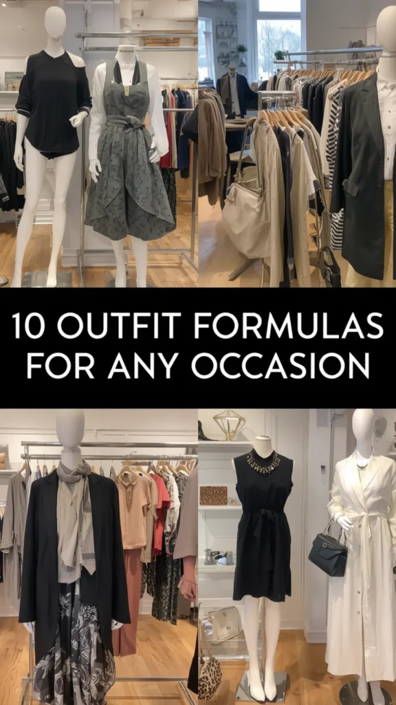 A four-panel Pinterest pin graphic with a center black banner reading "10 OUTFIT FORMULAS FOR ANY OCCASION" in white text. The boutique displays showcase stylish mannequins dressed in versatile women's fashion Capsule Wardrobe pieces. Outfits include a cold-shoulder black top, patterned layered dresses, tailored blazers with draped scarves, a sleeveless black LBD with a statement necklace, and an elegant white belted wrap coat. An ideal visual guide for chic outfit formulas and effortless styling.