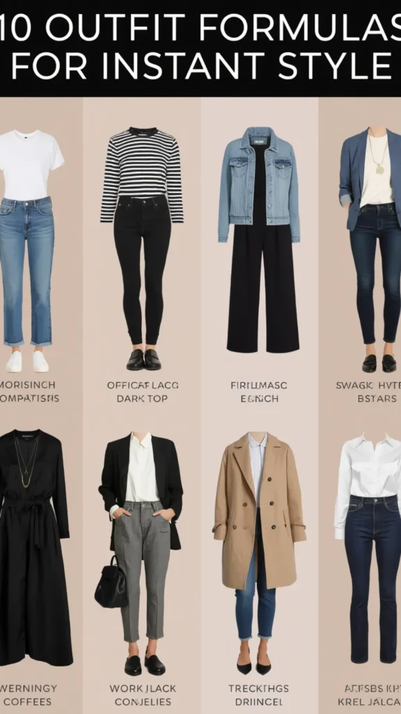 A Pinterest pin graphic titled "10 OUTFIT FORMULAS FOR INSTANT STYLE" displaying versatile outfit combinations for a women's fashion Capsule Wardrobe. Set on a neutral background, the grid showcases chic combinations: classic white tees with blue jeans, striped shirts with black denim, denim jackets over black jumpsuits, tailored blazers with grey trousers, camel trench coats, and crisp button-downs. An ideal visual guide for effortless daily outfit formulas and minimalist styling.