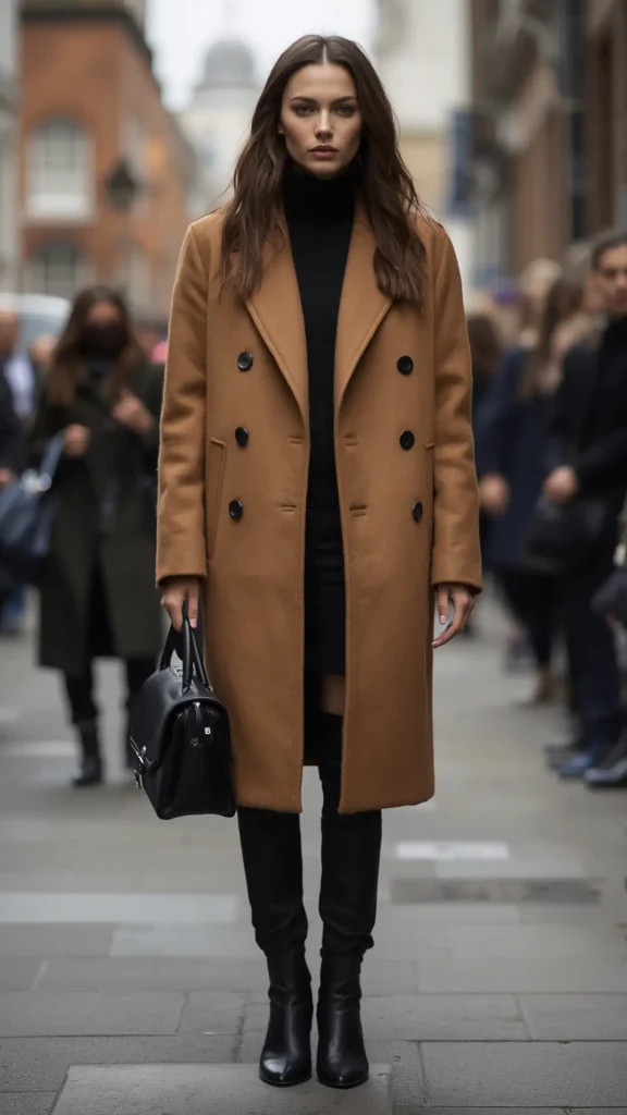 A chic street-style portrait showcasing a classic double-breasted camel wool coat as a timeless outerwear staple for a women's fashion Capsule Wardrobe. A brunette model walks along a city street wearing a tailored tan coat over a black turtleneck sweater, styled with black knee-high leather boots and holding a structured black handbag. An ideal visual inspiration for elegant winter outfit formulas, timeless coat styling, neutral cold-weather fashion, and building a versatile closet.