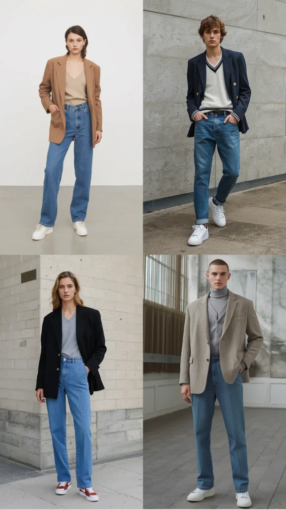 A four-panel photo grid featuring minimalist blazer and denim outfit styling for a modern Capsule Wardrobe. The visual guide showcases versatile smart-casual looks: a camel blazer with a beige knit top and blue jeans, an oversized black blazer over a grey tee with red sneakers, a navy blazer over a v-neck sweater, and a grey tweed blazer paired with a turtleneck. An ideal visual inspiration for women's fashion, timeless blazer formulas, and effortless everyday closet staples.