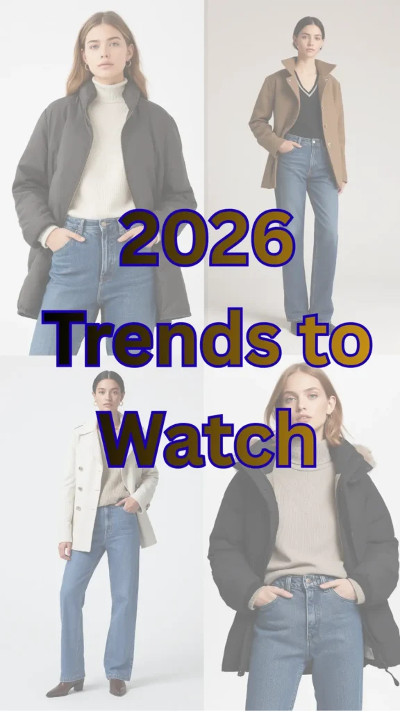 A four-quadrant photo collage titled "2026 Trends to Watch" showcasing modern outfit ideas for a women's fashion Capsule Wardrobe. Four stylish looks highlight winter layering with high-waisted denim jeans: a dark grey puffer coat over a white turtleneck; a camel coat with a black v-neck; a white double-breasted short trench coat paired with brown boots; and a black hooded parka over a beige sweater. An ideal visual guide for updating a minimalist closet, casual winter trends, and everyday style.