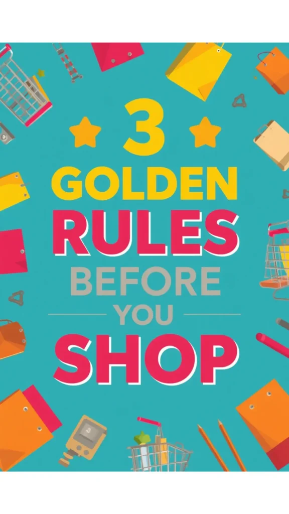 A vibrant teal Pinterest pin graphic titled "3 GOLDEN RULES BEFORE YOU SHOP" featuring bold yellow, pink, and grey typography flanked by yellow stars. The border is decorated with colorful shopping bags, shopping carts, clipboards, and pencils. An ideal visual guide for smart shopping tips before building a women's fashion Capsule Wardrobe, helping with intentional clothing buys, budget-friendly wardrobe planning, avoiding impulse shopping, and creating a minimalist closet rotation.