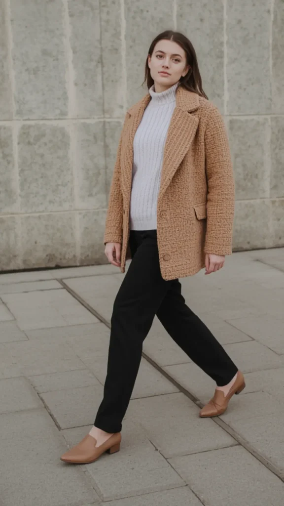A stylish woman walking outdoors in a chic street-style outfit for a women's fashion Capsule Wardrobe. She wears a textured camel brown wool blazer coat layered over a light grey ribbed turtleneck sweater, paired with tailored black trousers and tan leather pointed loafers. Set against a minimalist stone wall background, this look offers an ideal visual guide for autumn layering, smart casual outfit ideas, effortless workwear styling, and timeless minimalist closet essentials.
