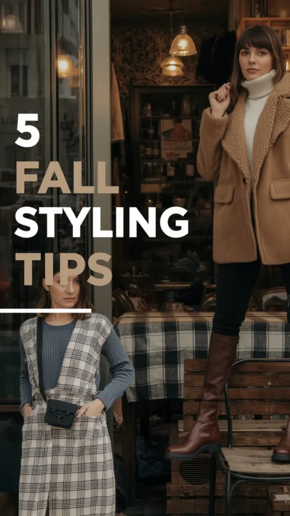 A Pinterest pin graphic titled "5 FALL STYLING TIPS" featuring chic street style looks for a women's fashion Capsule Wardrobe. On the left, a model wears a blue ribbed knit top under a plaid overall dress with a black crossbody bag. On the right, a woman wears a cozy camel shearling coat over a white turtleneck sweater, black pants, and tall brown leather boots outside a cozy cafe. An ideal visual guide for layering autumn fashion staples and building a versatile cold-weather wardrobe.