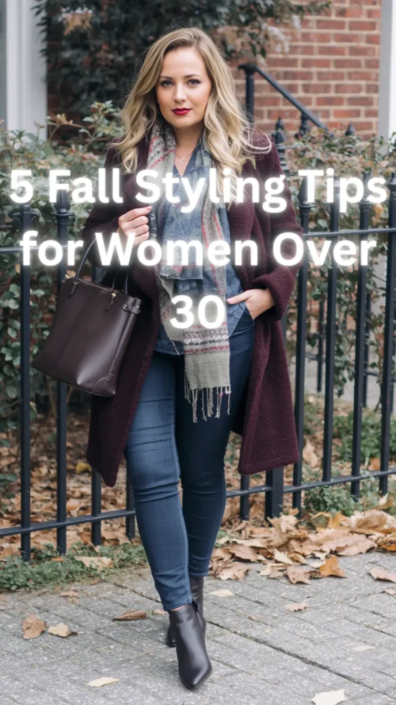 A Pinterest pin titled "5 Fall Styling Tips for Women Over 30" providing chic outfit inspiration for a women's fashion Capsule Wardrobe. Set outdoors on a leaf-covered sidewalk, a blonde woman styles classic seasonal layers: a long deep burgundy textured coat, a denim shirt, and dark skinny jeans. Accessorized with a patterned fringed scarf, dark brown leather ankle boots, and a matching tote bag. An ideal visual guide for sophisticated, effortless fall street style.