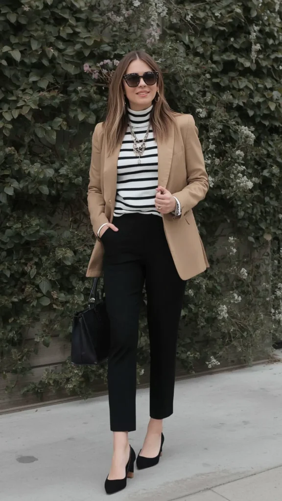 A stylish woman posing outdoors against a green leaf wall, wearing a chic smart-casual outfit for a women's fashion Capsule Wardrobe. She wears a tailored camel blazer over a black-and-white striped turtleneck, accessorized with a gold statement necklace, cat-eye sunglasses, ankle-length black trousers, black pointed-toe heels, and a black leather handbag. An ideal visual guide for chic workwear styling, fall layering ideas, and building a versatile, elegant minimalist closet.