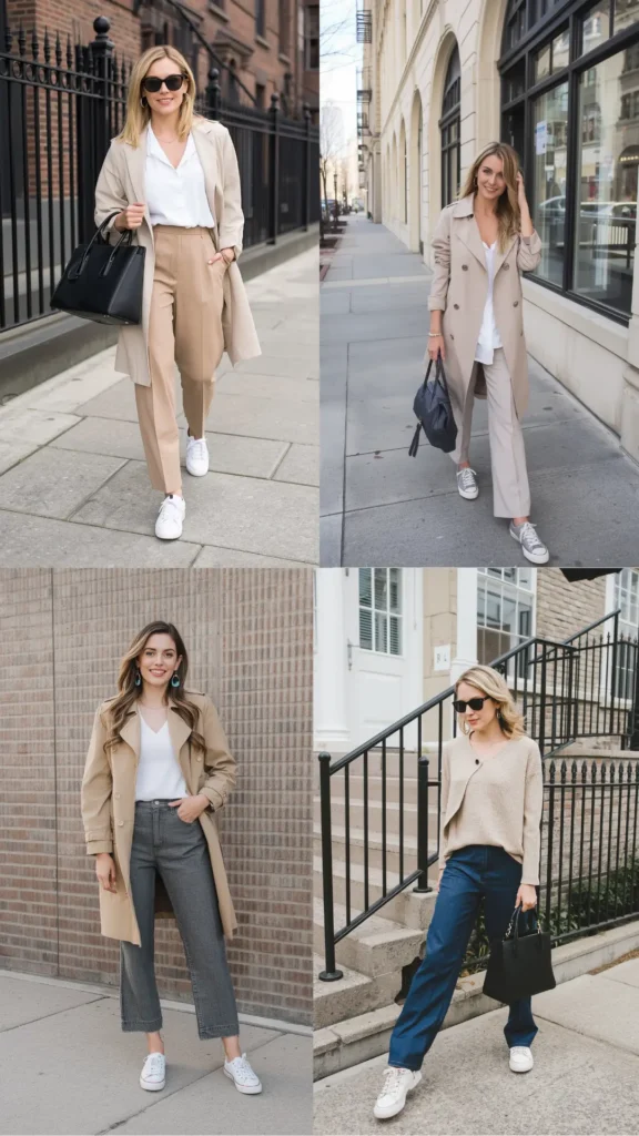A four-panel street style photo collage showing clean outfit ideas for a women's fashion Capsule Wardrobe. The visual guide features stylish neutral look combinations with classic trench coats, white t-shirts, beige trousers, cropped grey jeans, wide-leg denim, and comfortable white sneakers. Accessories include structured black leather handbags and sunglasses. An ideal visual reference for minimalist outfit styling, chic everyday wear, and timeless wardrobe essentials.