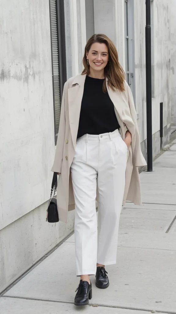 A street-style photo featuring a smiling woman walking on a city sidewalk in a chic, neutral outfit for a women's fashion Capsule Wardrobe. She wears a light beige trench coat draped over her shoulders, a simple black top, high-waisted white pleated trousers, black lace-up oxfords, and holds a black handbag. An ideal visual guide for smart casual outfit inspiration, minimalist spring layering, polished everyday style, and building a versatile closet.