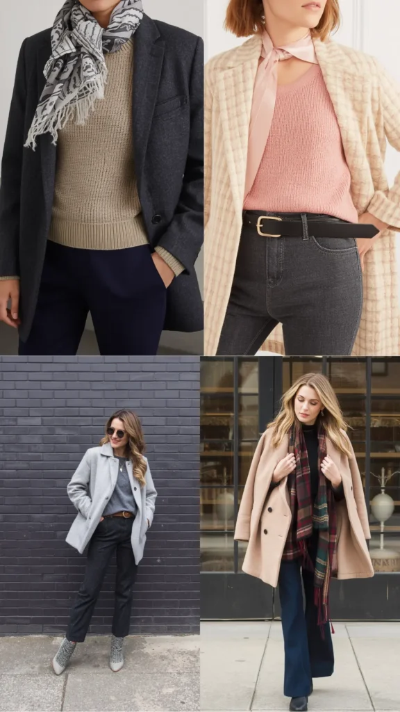 A four-quadrant photo collage illustrating layering techniques for a women's fashion Capsule Wardrobe. Highlights four styled cold-weather looks: a charcoal coat over a tan sweater with a patterned scarf; a pink sweater paired with a cream coat and dark denim; a woman in a light grey coat, dark jeans, and ankle boots; and a camel pea coat draped over a black turtleneck with a plaid scarf. An ideal visual guide for winter layering tips, outfit planning, and versatile minimalist style.
