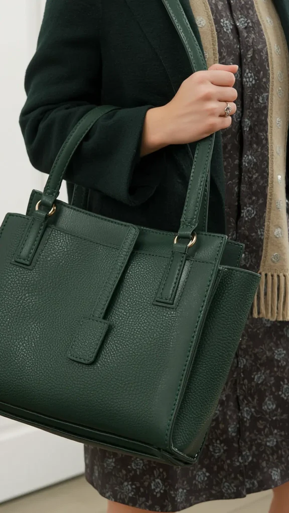 A close-up fashion detailed shot highlighting a structured dark green pebbled leather tote handbag as an essential everyday accessory for a women's fashion Capsule Wardrobe. A woman holds the rich forest green leather bag by its top handles, styled with a dark wool coat, a beige fringed scarf, and a subtle patterned dress. An ideal visual reference for timeless handbag choices, chic leather accessory inspiration, neutral winter layering, and building a versatile closet.