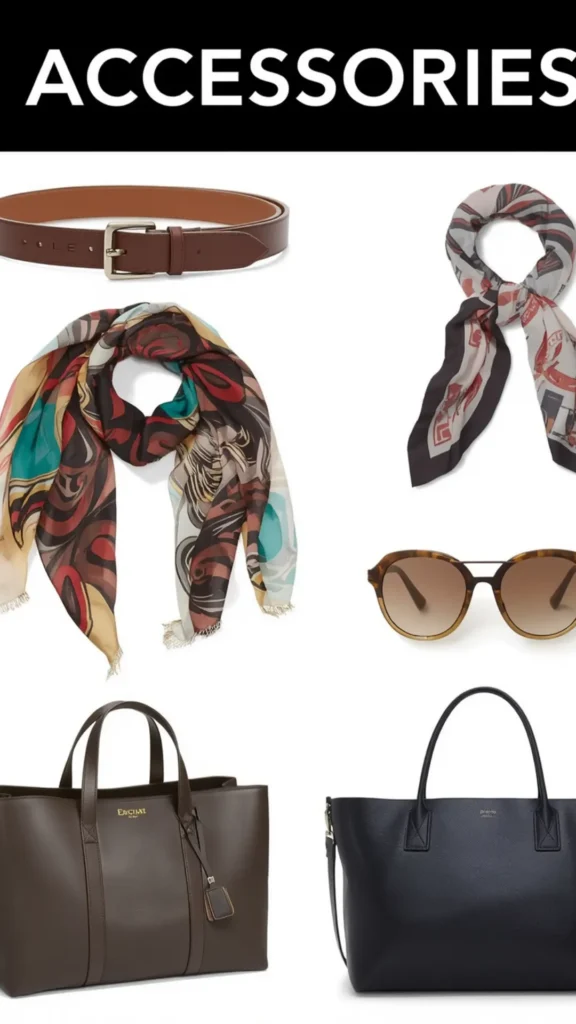 A Pinterest pin graphic titled "ACCESSORIES" displaying a curated collection of essential finishing pieces for a women's fashion Capsule Wardrobe. Set on a plain white background, it features a classic brown leather belt, two patterned silk neck scarves, round tortoiseshell sunglasses, a dark brown leather tote bag, and a black structured tote bag. An ideal visual guide for elevating basic everyday outfits, smart accessory styling, and building a versatile minimalist collection.