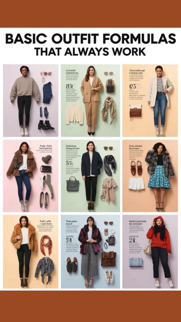 A Pinterest pin graphic titled "BASIC OUTFIT FORMULAS THAT ALWAYS WORK" featuring a 3x3 grid of stylish women's fashion Capsule Wardrobe ideas. Each panel shows a model wearing a complete look paired with flat-lay accessories and alternative layering pieces. Includes versatile staples like tailored camel suits, teddy shearling jackets, striped tops, dark denim, plush fur coats, and printed skirts with matching totes, scarves, and shoes. An ideal visual guide for effortless daily outfit formulas.