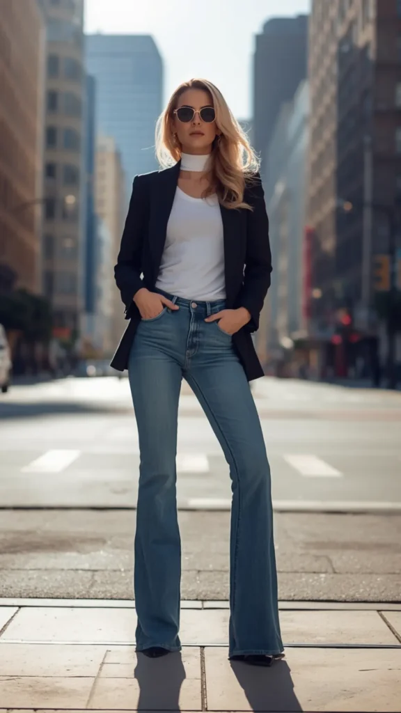 A stylish street style photo of a blonde woman wearing dark sunglasses on a sunny city street surrounded by tall buildings. She wears a tailored black blazer over a fitted white top with a subtle high neck band, paired with high-waisted flared blue jeans with her hands in her pockets. An ideal visual guide for chic smart casual outfit formulas, classic blazer styling, and everyday minimalist urban fashion inspiration for a women's fashion Capsule Wardrobe.
