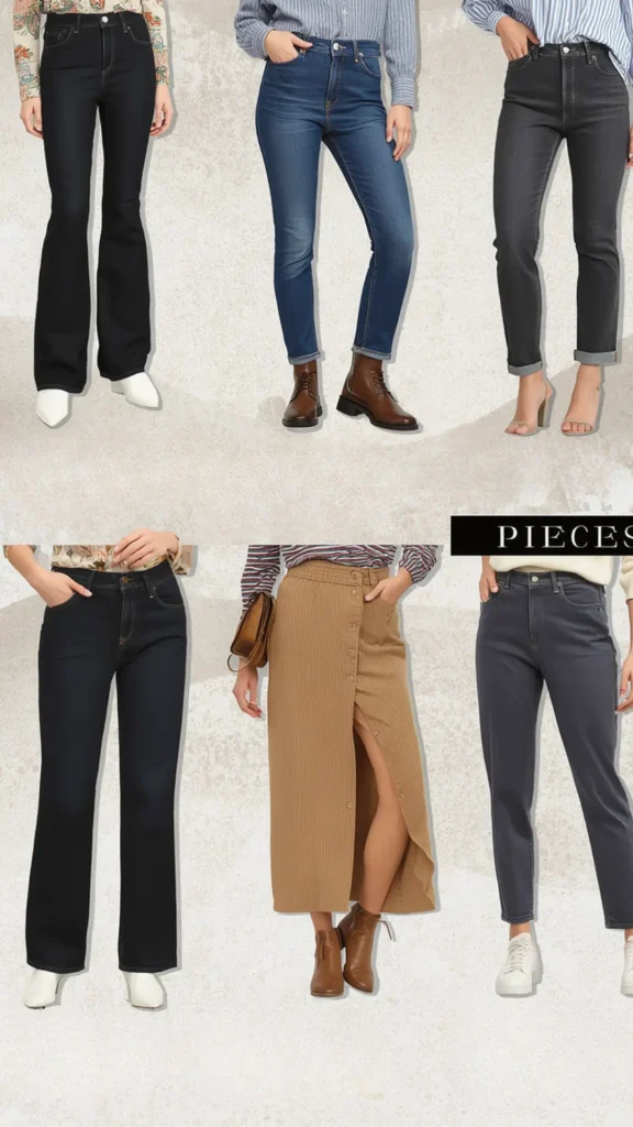 A Pinterest pin graphic showcasing six essential bottom pieces for a women's fashion Capsule Wardrobe set on a textured beige background. Highlights versatile styling options including dark flare jeans paired with white boots, medium-wash blue denim with brown boots, cuffed dark grey jeans with heels, wide-leg dark denim, a button-front tan ribbed midi skirt with booties, and charcoal high-waisted jeans with sneakers. An ideal visual guide for mix-and-match everyday outfits.