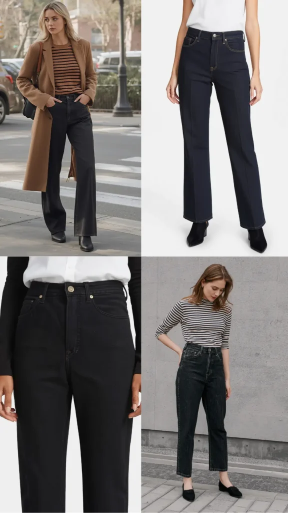 A four-quadrant photo collage featuring versatile staple tops for a women's fashion Capsule Wardrobe. Models demonstrate everyday minimalist style wearing essential basics: a plain white crewneck t-shirt with dark trousers, a navy striped long-sleeve top paired with jeans, a striped short-sleeve tee with beige pants, and a casual white t-shirt with olive trousers. An ideal visual guide for styling classic tees, mixing neutral wardrobe essentials, and building a versatile closet.