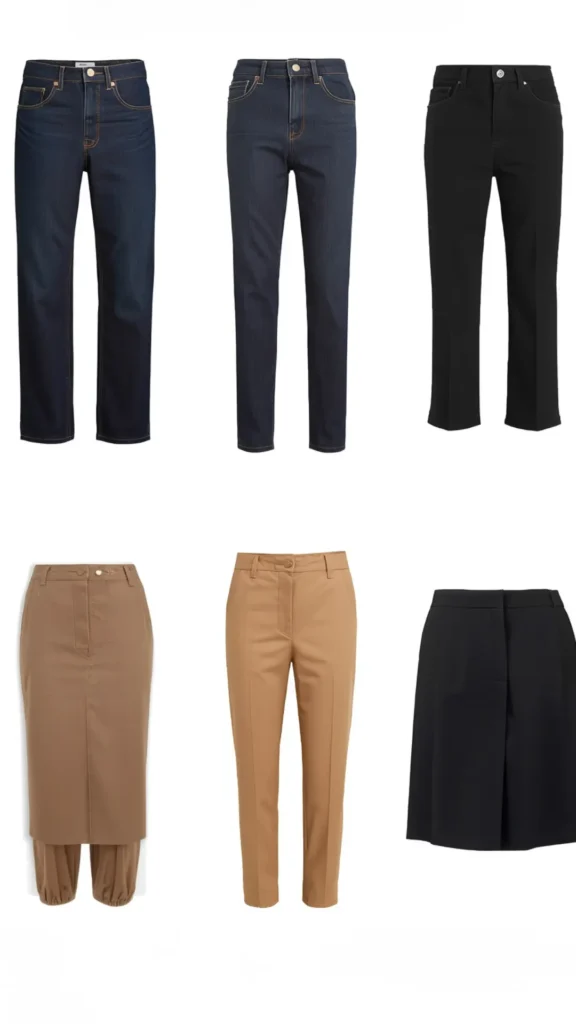 A minimalist collection of six women's essential bottoms for a modern Capsule Wardrobe displayed on a clean white background. The top row showcases dark wash straight-leg denim jeans, classic indigo slim jeans, and sleek black tailored trousers. The bottom row features a stylish camel midi skirt ensemble, high-waisted beige trousers, and an elegant black A-line mini skirt. Ideal neutral women's fashion staples for effortless mix-and-match styling, workwear, and casual outfits.
