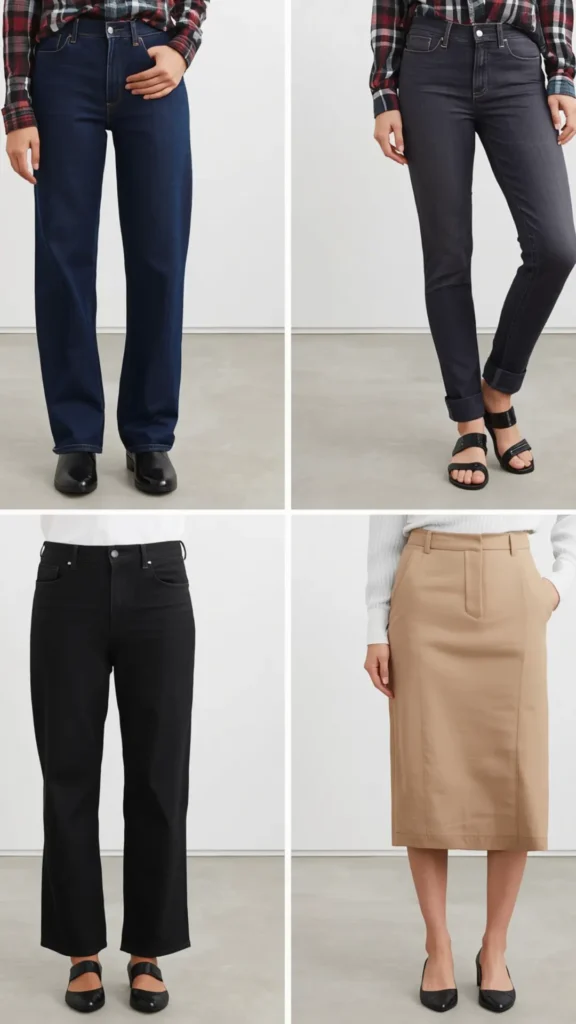 A four-panel photo grid showcasing essential bottom staples for a versatile women's fashion Capsule Wardrobe. The visual guide features timeless outfit foundations: dark blue straight-leg denim jeans, dark grey slim-fit cuffed jeans with strappy sandals, classic black high-waisted straight-leg pants with flats, and a tailored camel tan midi skirt with black pumps. An ideal visual reference for building a minimalist bottoms collection, work-to-weekend outfits, and effortless styling.