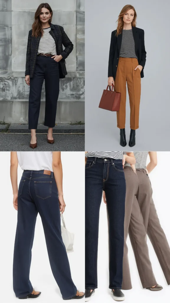A four-panel photo grid showcasing versatile bottom essentials for a women's fashion Capsule Wardrobe. The visual guide features chic outfit styling with timeless pants: dark wash cropped denim jeans paired with brown pumps, high-waisted camel tailored trousers styled with black ankle boots and a tote bag, dark blue wide-leg jeans with a simple white tee, and tailored brown trousers. Perfect visual inspiration for minimalist outfit formulas, smart-casual styling, and closet staples.