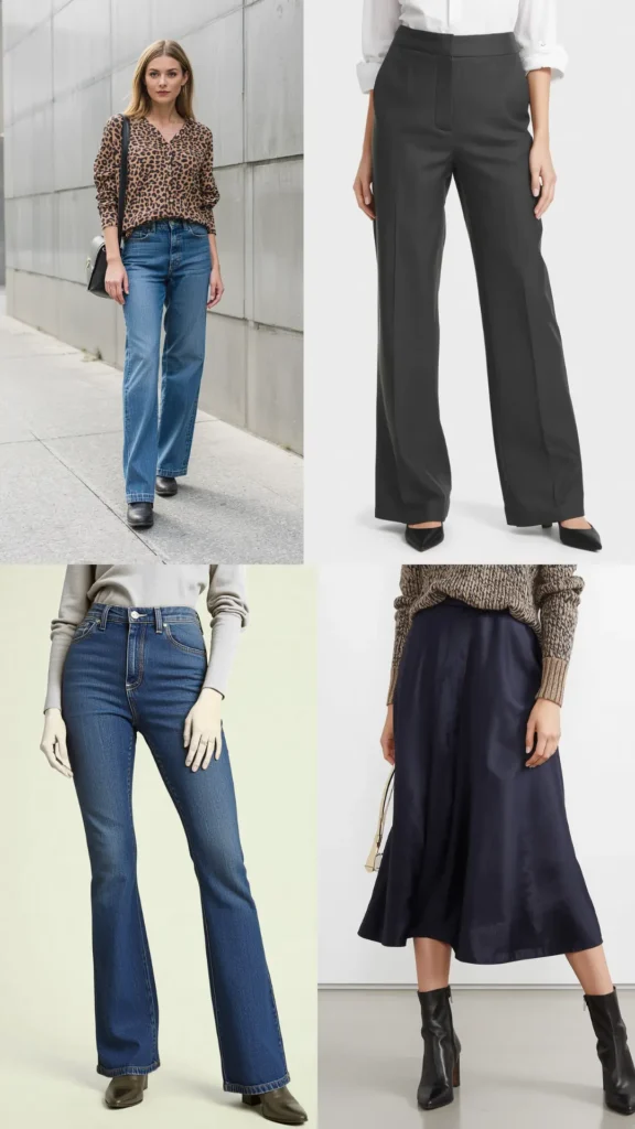 A four-panel grid collage showcasing essential bottoms for a women's fashion Capsule Wardrobe. Features classic straight-leg blue jeans with a leopard print top, tailored black wide-leg trousers with pointed pumps, high-waisted flare jeans with a grey knit, and a flowy navy midi skirt paired with a cozy brown sweater and black leather boots. An ideal visual guide for mixing and matching timeless closet basics and building versatile, minimalist everyday outfits.